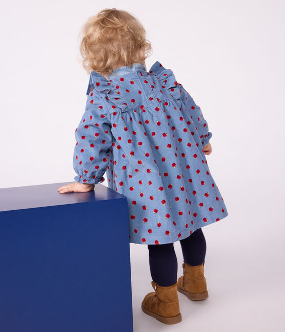 Vestido de pana de manga larga con estampado de manzanas para bebé azul ADRIATIC/ MULTICO
