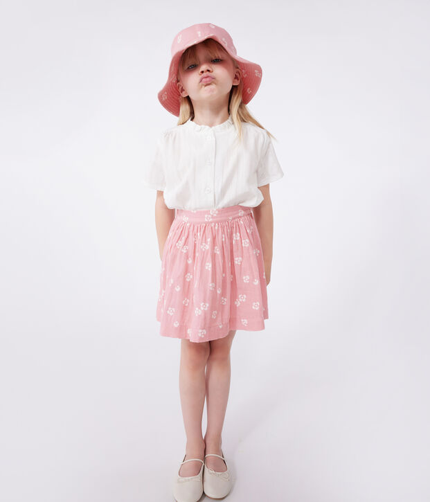 Falda infantil de algod&oacute;n con flores rosa/blanco