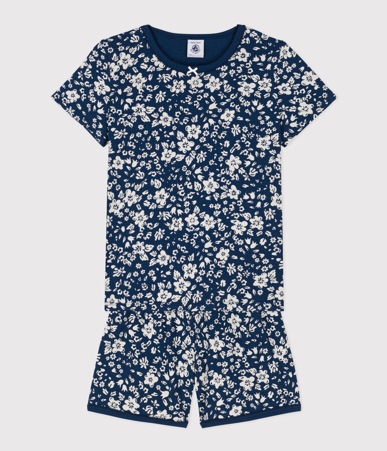 Pijama corto de algod&oacute;n con flor para ni&ntilde;a azul/blanco