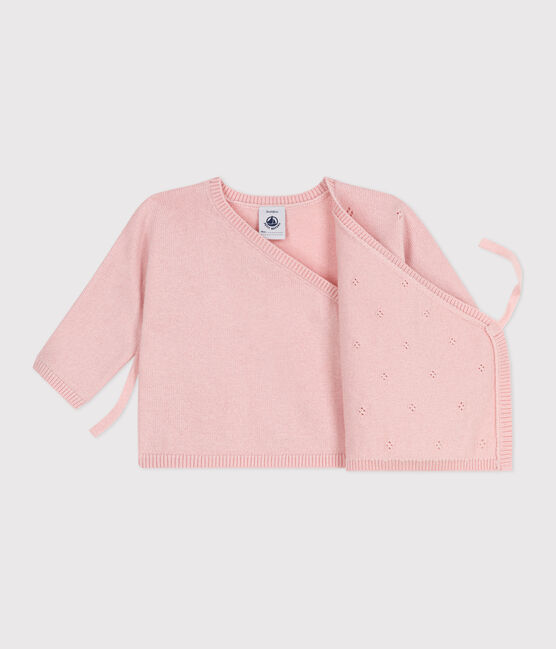Jersey cruzado calado de punto tricotado de lana y algodón para bebé rosa JOLI
