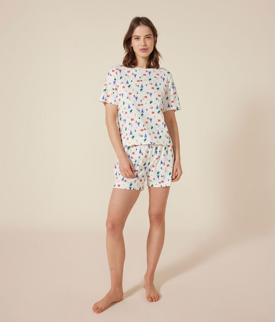 Pijama con pantalón corto y camiseta de algodón con motivo de París para mujer blanco MARSHMALLOW/azul MEDIEVAL/ MULTICO