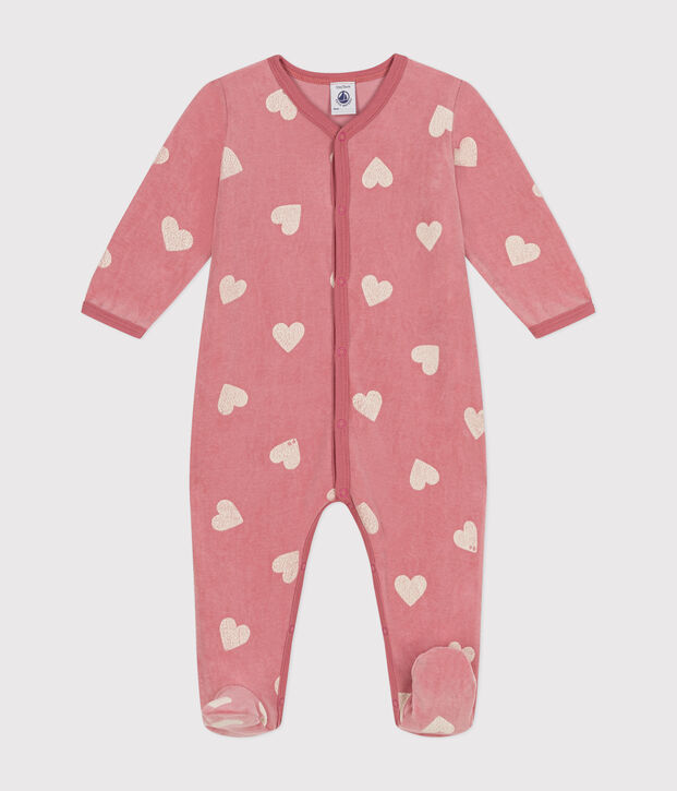 Pijama de terciopelo con estampado de corazones para beb&eacute; rosa/blanco