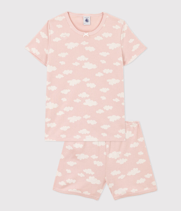Pijama corto de algod&oacute;n con nubes para ni&ntilde;a rosa/blanco