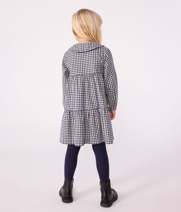 Vestido infantil de manga larga de franela a cuadros azul/crudo