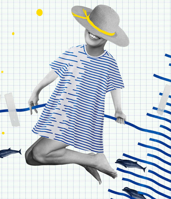 Vestido reedición Hyères de mujer blanco ECUME/azul DELFT