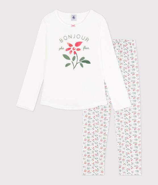 Pijama de algodón infantil con estampado de flores blanco MARSHMALLOW/blanco MULTICO