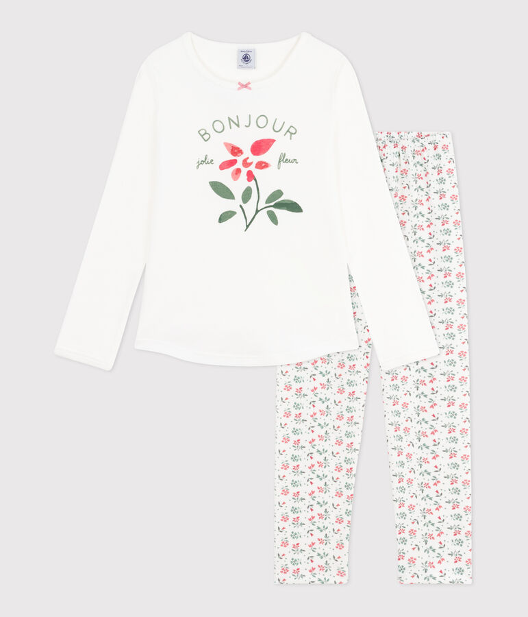 Pijama de algod&oacute;n infantil con estampado de flores blanco/multicolor
