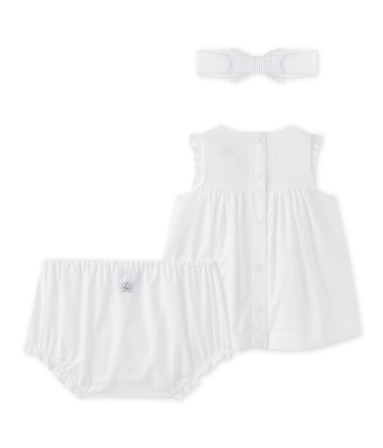 Conjunto para beb&eacute; ni&ntilde;a 3 piezas en popelina blanco