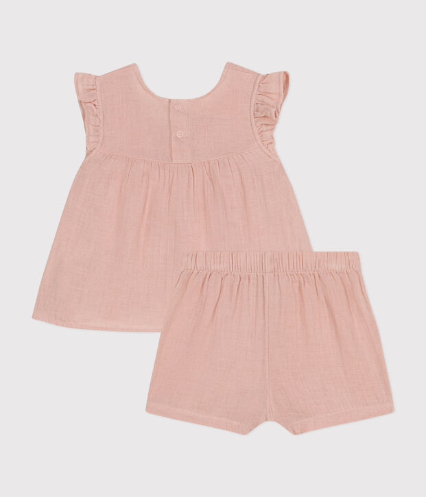 Conjunto de blusa y pantal&oacute;n corto de gasa de algod&oacute;n para beb&eacute; rosa
