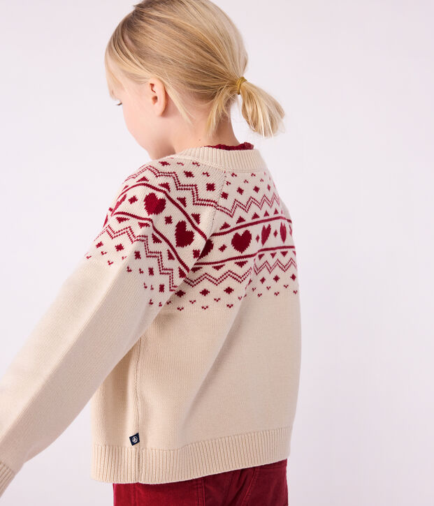 C&aacute;rdigan infantil de lana y algod&oacute;n con estampado jacquard crudo/rojo