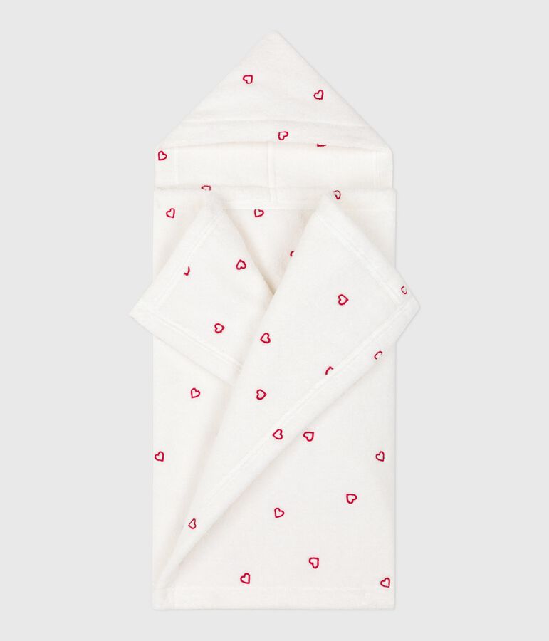 Capa de ba&ntilde;o de rizo con corazones bordados para beb&eacute; blanco MARSHMALLOW/rosa CHARME
