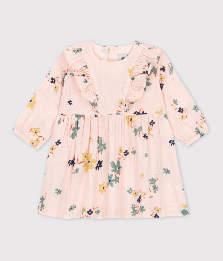 Vestido estampado de manga larga de gasa de algod&oacute;n para beb&eacute; rosa/multicolor