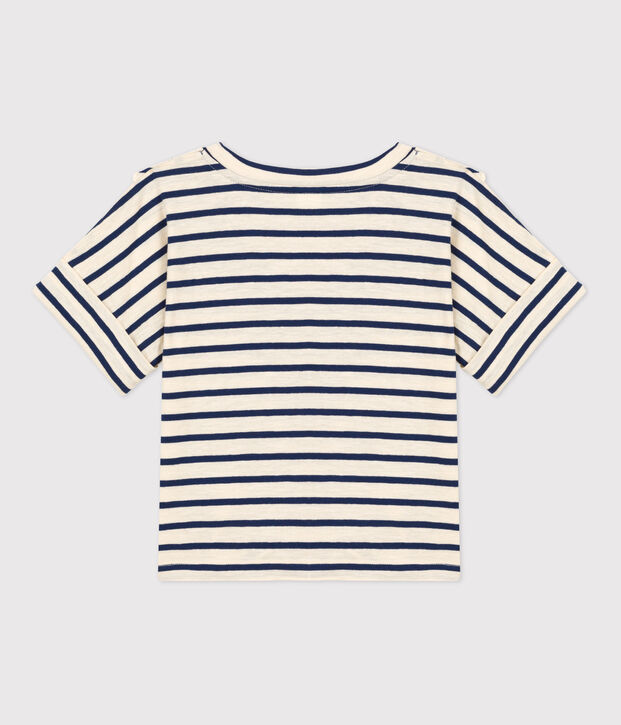 Camiseta de manga corta de algod&oacute;n de ni&ntilde;a crudo/azul