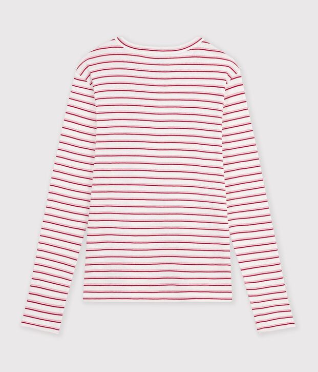 Camiseta de manga larga de algod&oacute;n a rayas para mujer blanco/rojo