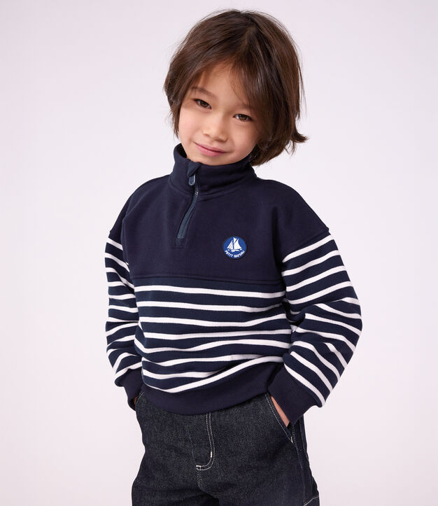 Sudadera infantil de algod&oacute;n a rayas con cremallera en el cuello azul/blanco