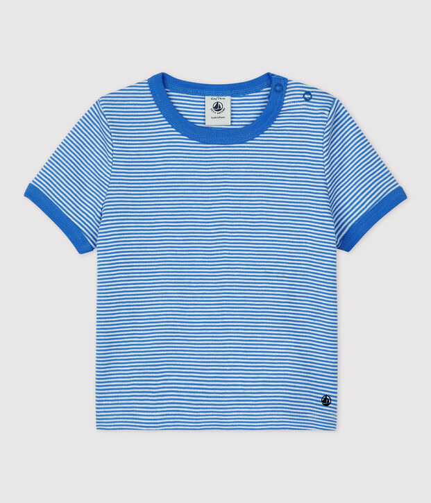 Camiseta de manga corta milrayas de algod&oacute;n ecol&oacute;gico de beb&eacute; azul/blanco