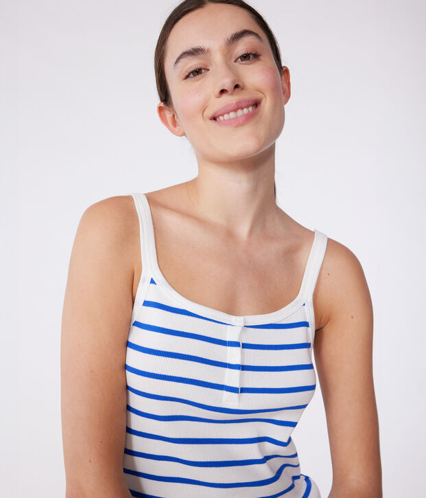 Pijama corto de algod&oacute;n de tirantes a rayas para mujer blanco/azul