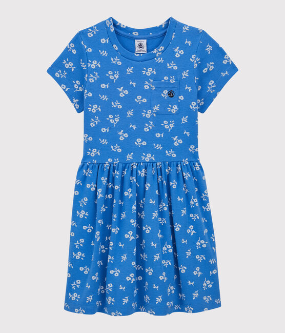 Vestido de manga corta de algodón de niña azul BRASIER/gris MARSHMALLOW