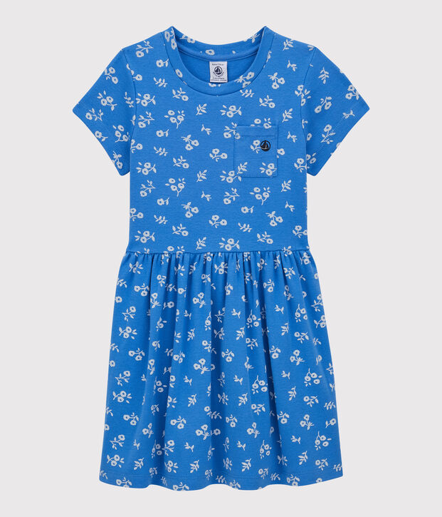 Vestido de manga corta de algod&oacute;n de ni&ntilde;a azul/blanco