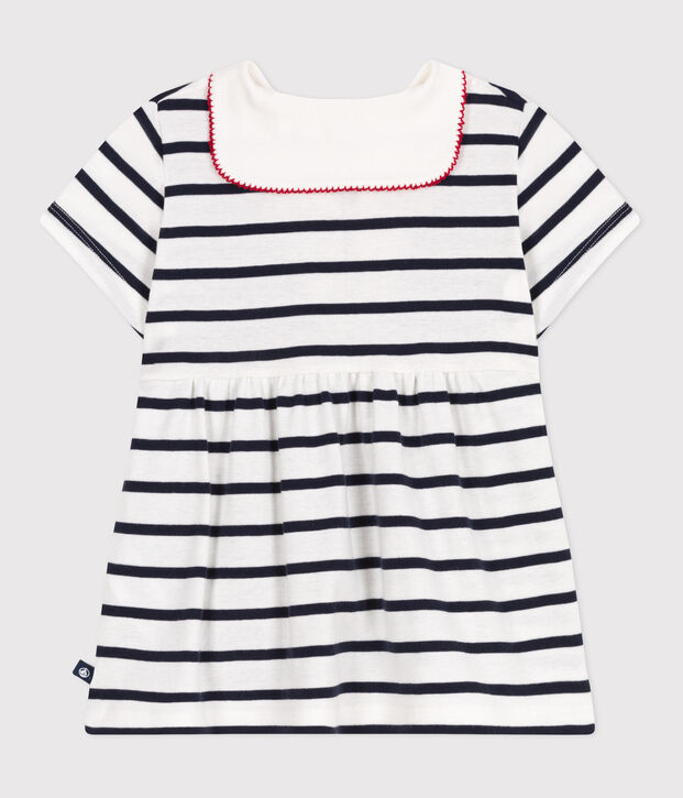 Vestido marinero de algod&oacute;n con manga corta y cuello de uniforme para beb&eacute; blanco/azul