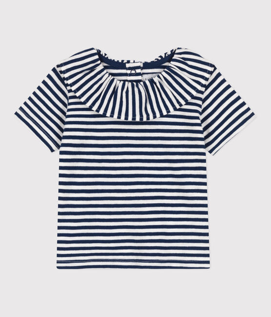 Blusa de punto flameado de manga corta a rayas para bebé azul MEDIEVAL/blanco MARSHMALLOW