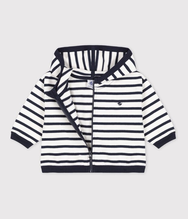 Sudadera de punto grueso con capucha y rayas marineras para beb&eacute; blanco/azul