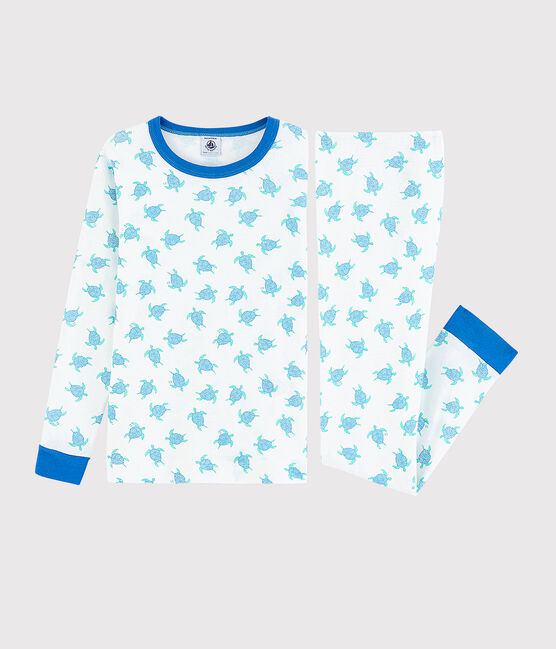 Pijama snugfit con estampado de tortugas de algodón de niño/niña blanco MARSHMALLOW/azul COOL