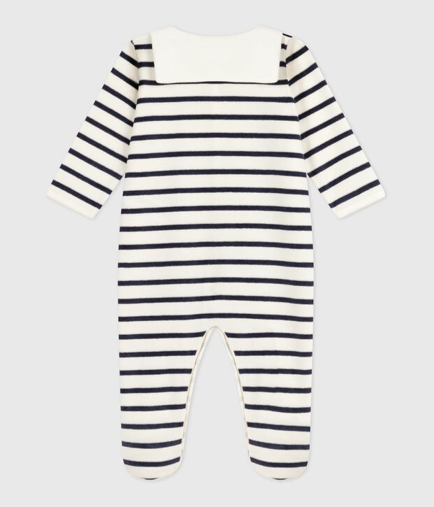 Pijama de terciopelo estampado a rayas para beb&eacute; blanco/azul