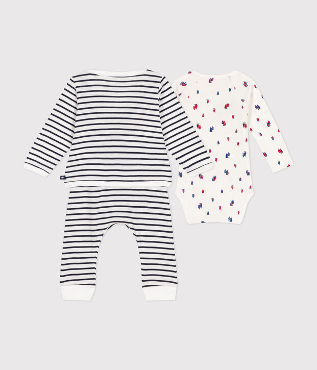 Conjunto de 3 piezas de algod&oacute;n para beb&eacute; blanco/azul