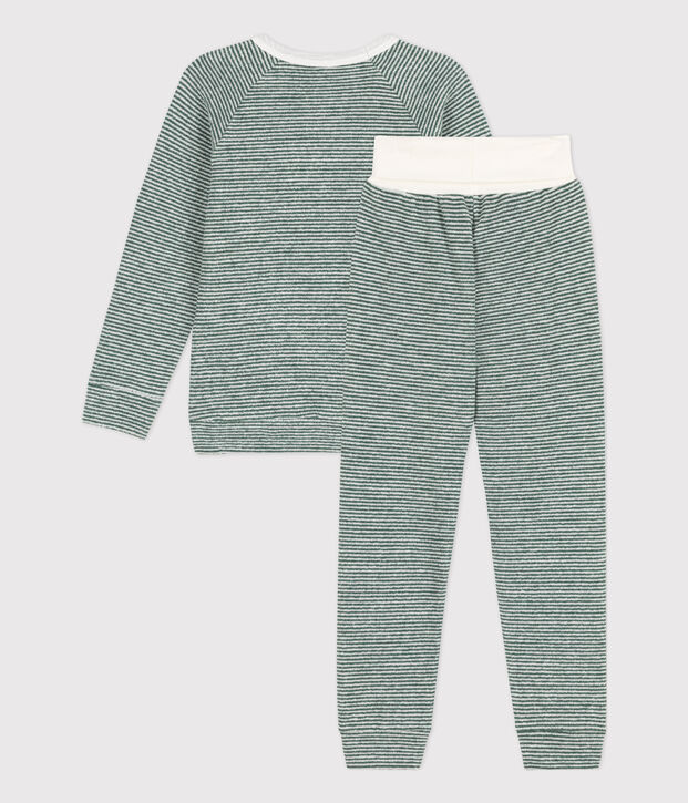 Pijama de rizo de algod&oacute;n milrayas para ni&ntilde;o/ni&ntilde;a verde/blanco