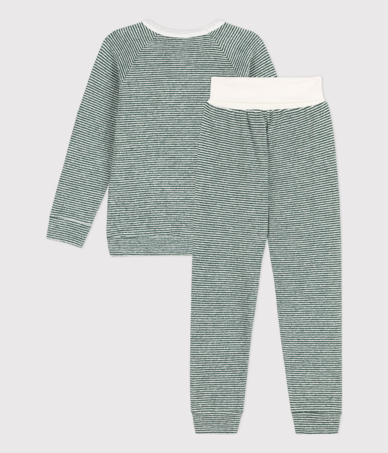 Pijama de rizo de algod&oacute;n milrayas para ni&ntilde;o/ni&ntilde;a verde VALLEE/blanco MARSHMALLOW