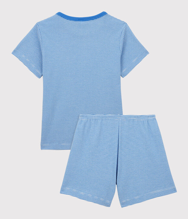 Pijama corto a rayas de ni&ntilde;o de algod&oacute;n azul/blanco
