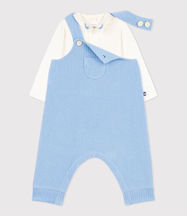 Conjunto de peto/body de algod&oacute;n liso con detalles bordados para beb&eacute; azul/crudo