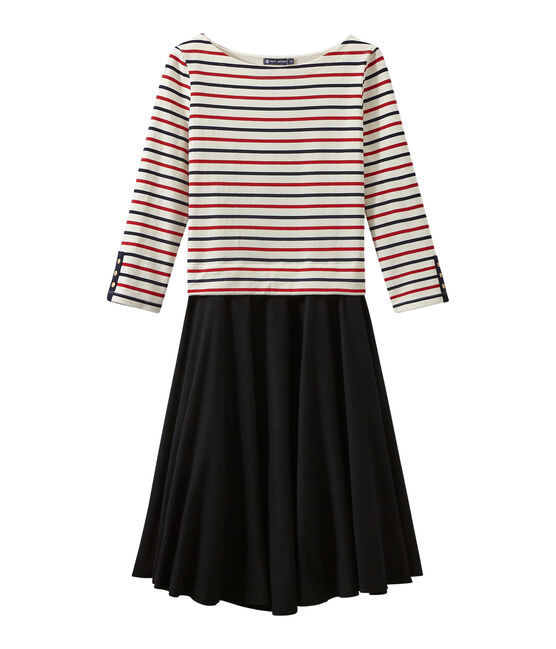 Vestido de mujer trampantojo tricolor beige COQUILLE/azul SMOKING/ TERKUIT