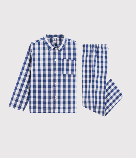 Pijama de cuadros en sarga de niño azul MEDIEVAL/blanco MARSHMALLOW