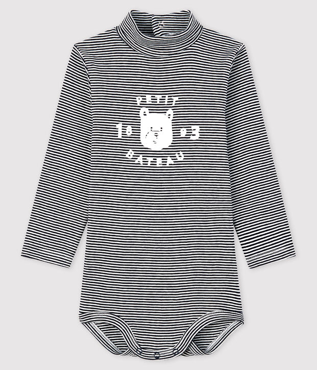 Bodi de manga larga con cuello de tortuga para beb&eacute; azul/blanco