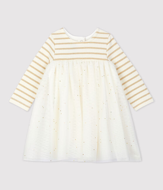 Vestido bimaterial de manga larga para bebé niña beige COQUILLE/amarillo LUREX DORE