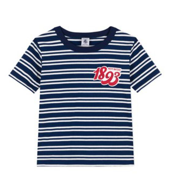 Camiseta de algodón a rayas para niño azul MEDIEVAL/blanco MARSHMALLOW