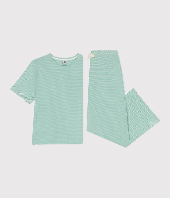 Pijama de algodón a rayas de pernera ancha para mujer verde ALOEVERA/blanco MARSHMALLOW