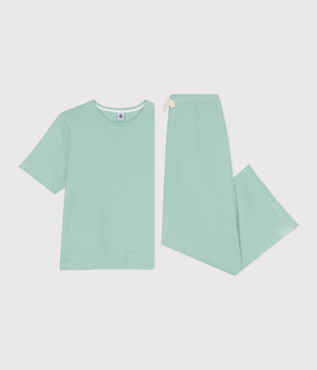 Pijama de algod&oacute;n a rayas de pernera ancha para mujer verde/blanco
