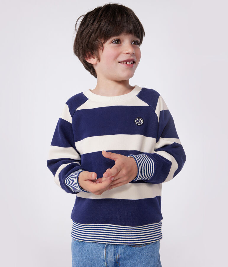 Sudadera infantil unisex de algod&oacute;n a rayas azul/crudo