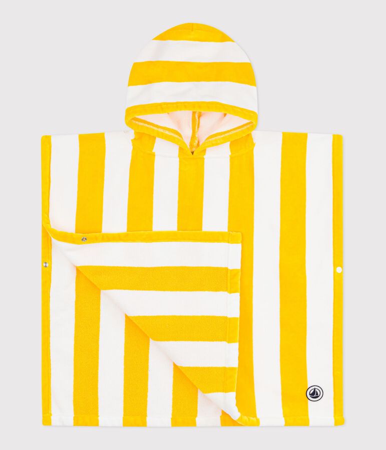 Poncho de ba&ntilde;o infantil de rizo de algod&oacute;n a rayas amarillo/blanco