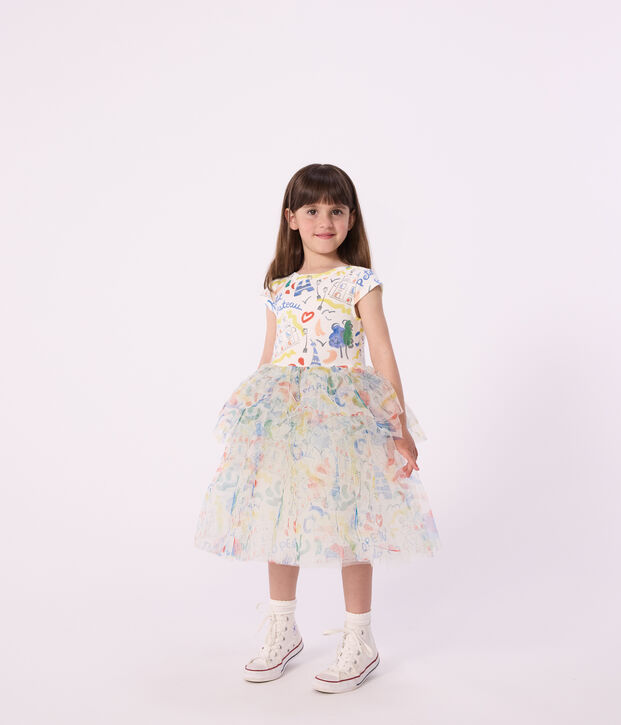Vestido infantil de manga corta de algod&oacute;n y tul con estampado blanco/multicolor