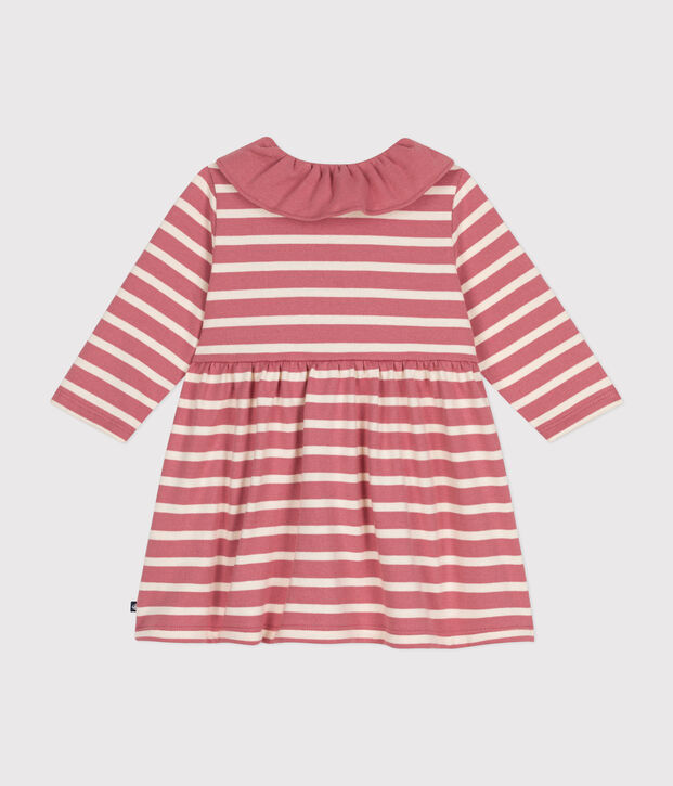 Vestido de manga larga de punto jersey grueso de beb&eacute; rosa/crudo