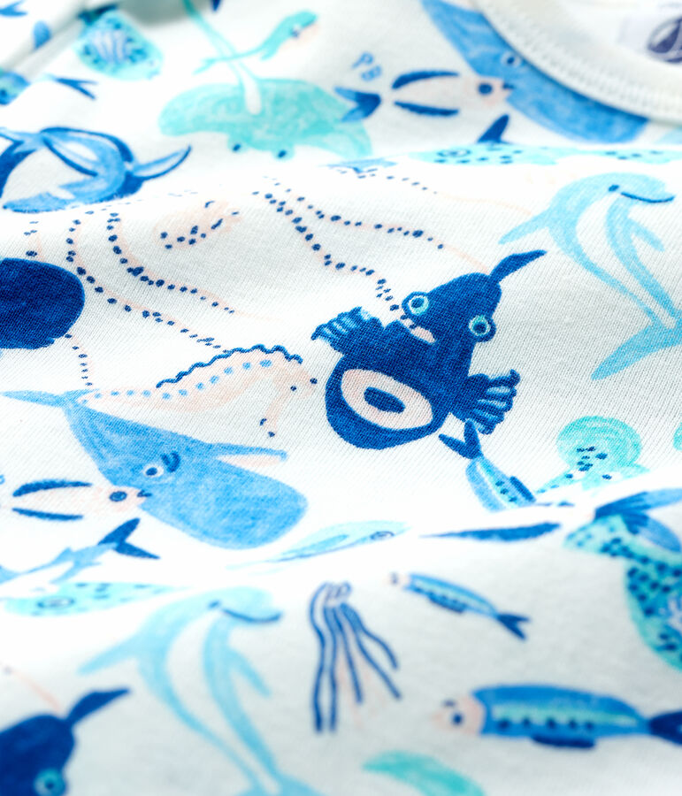 Pijama enterizo sin botones de presi&oacute;n con fondos marinos de algod&oacute;n de beb&eacute; blanco/multicolor