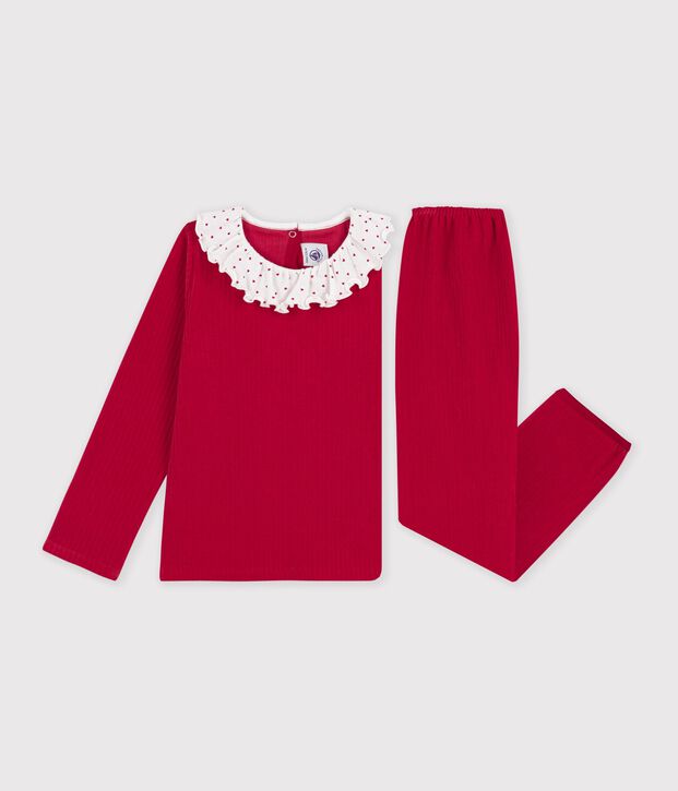 Pijama infantil liso de pana con collar&iacute;n rojo