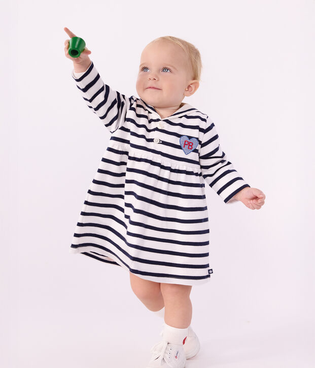 Vestido de algod&oacute;n de manga larga con rayas marineras para beb&eacute; blanco/azul