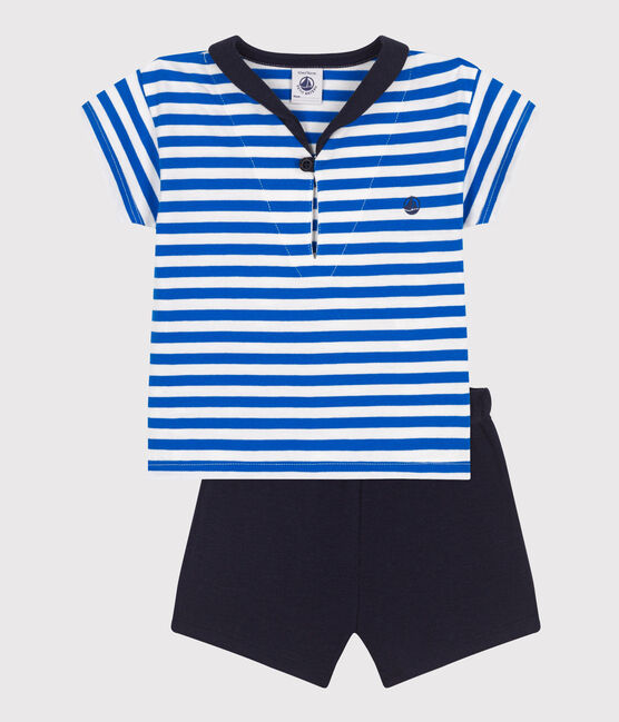 Conjunto de dos piezas de algodón con camiseta con cuello de uniforme para bebé azul PORCELANA/ SMOKING