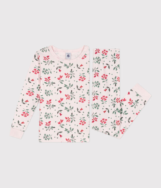 Pijama infantil muy ajustado de algodón con flores rosa FLEUR/blanco MULTICO