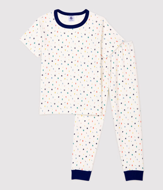 Pijama de manga corta estampado con letras multicolores de niño de algodón orgánico blanco MARSHMALLOW/blanco MULTICO